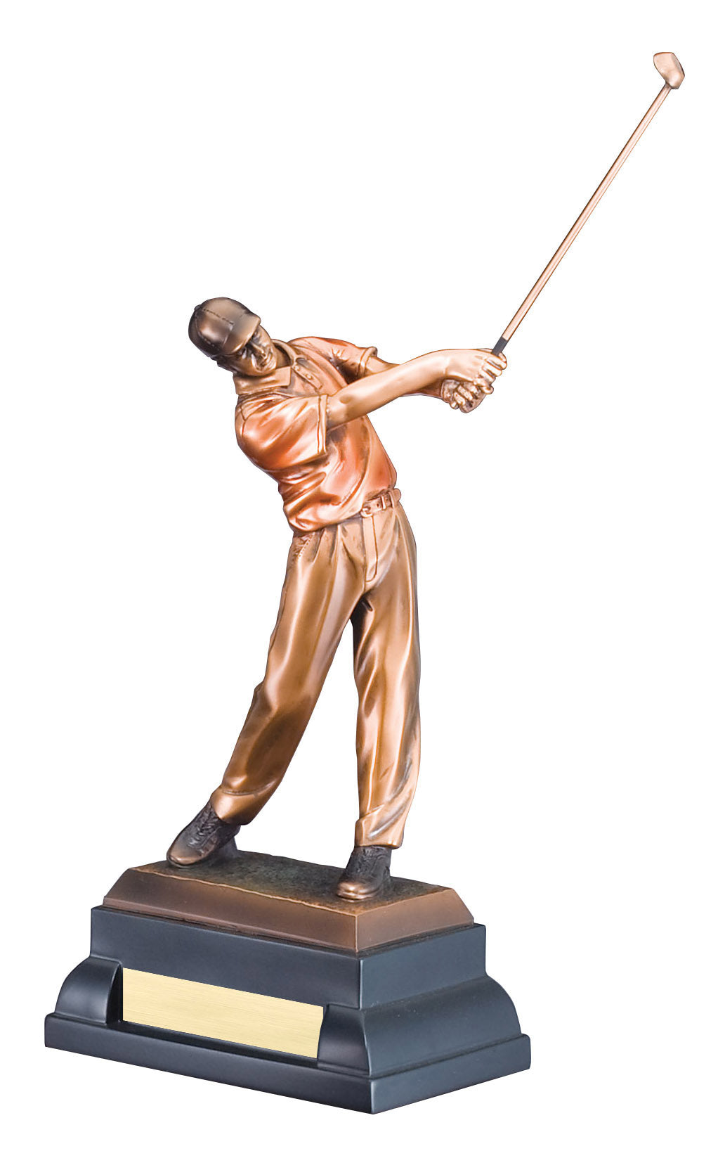 Electroplated male golfer finishing his swing, 10" size