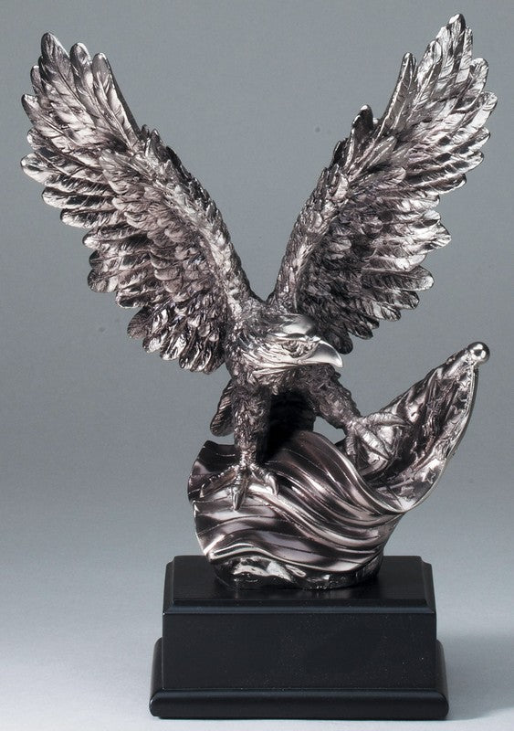 Electroplated silver eagle with raised wings on a black engraving base, 10" size