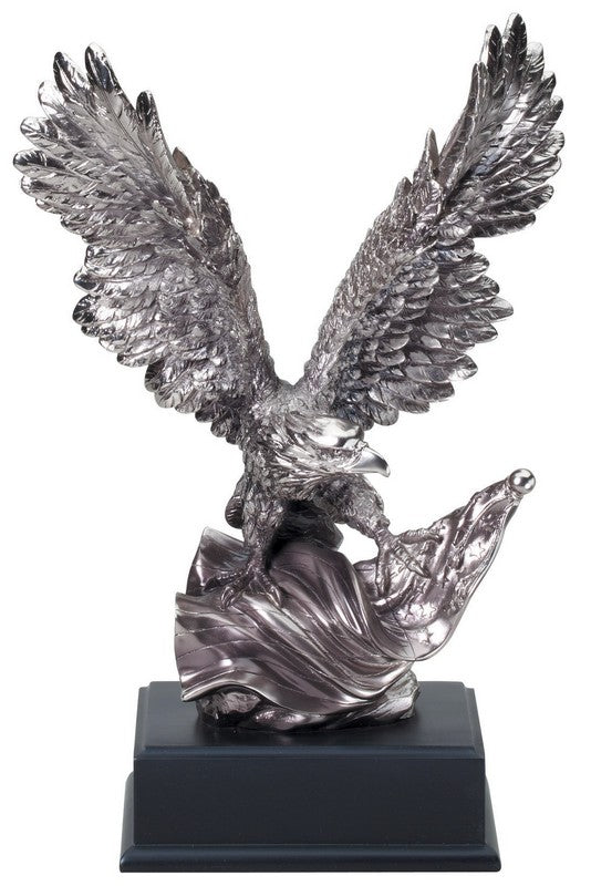 Electroplated silver eagle with raised wings on a black engraving base, 14" size