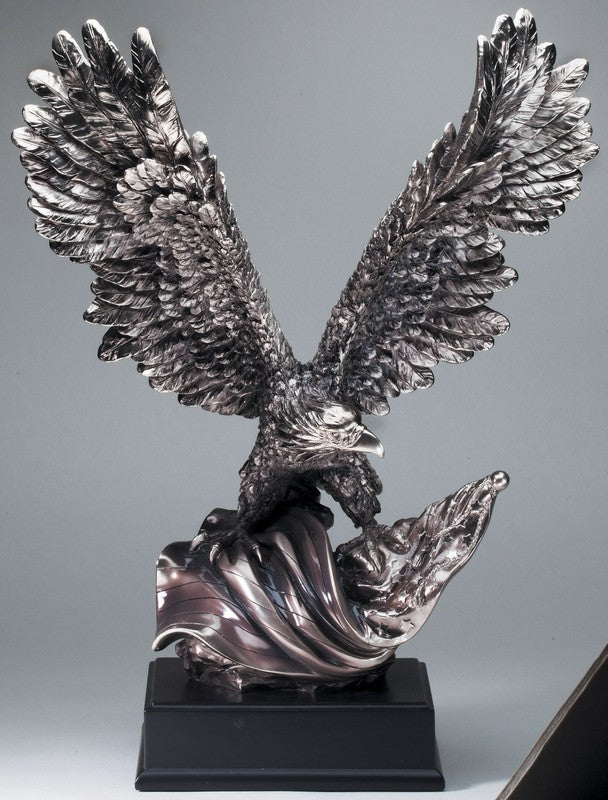 Electroplated silver eagle with raised wings on a black engraving base, 19" size
