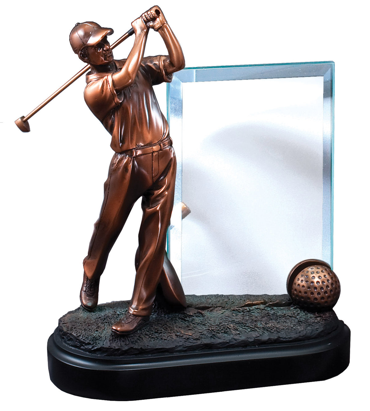 Resin golfer sculpture with a glass engraving panel