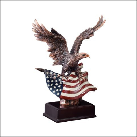 Electroplated resin eagle with flared wings on an engraving base, 10¼" size
