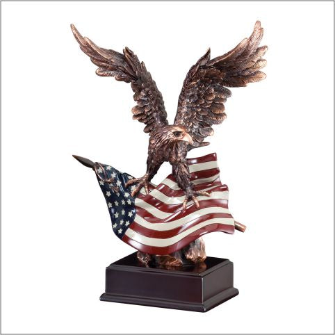 Electroplated resin eagle with flared wings on an engraving base, 12½" size