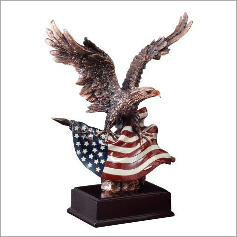 Electroplated resin eagle with flared wings on an engraving base, 14½" size