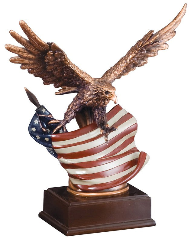 Bronze-finish eagle with spread wings over a full-color American flag on a rosewood base, 12" size