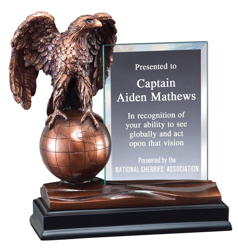 Electroplated resin eagle beside an engravable glass panel