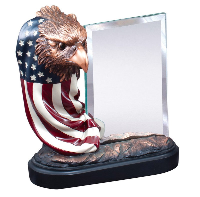 Bronze-finish eagle head with American flag and glass engraving panel