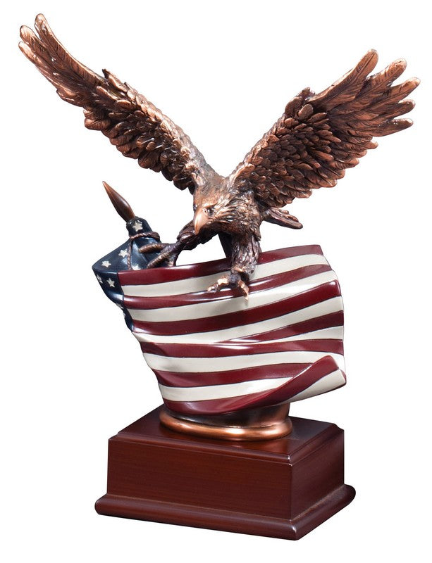 Bronze-finish eagle with spread wings over a full-color American flag on a rosewood base, 10" size