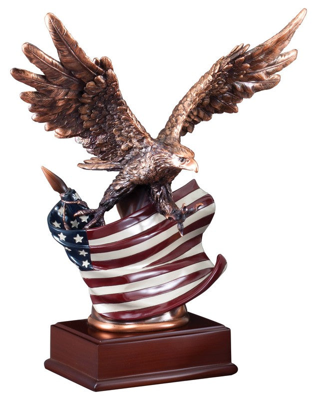 Bronze-finish eagle with spread wings over a full-color American flag on a rosewood base, 15½" size