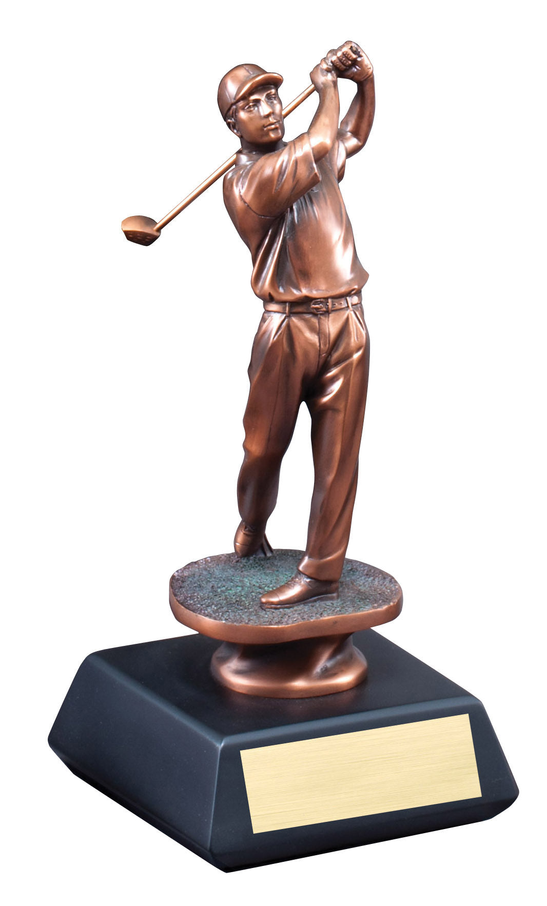 Electroplated golfer sculpture at the top of the swing, 10" size