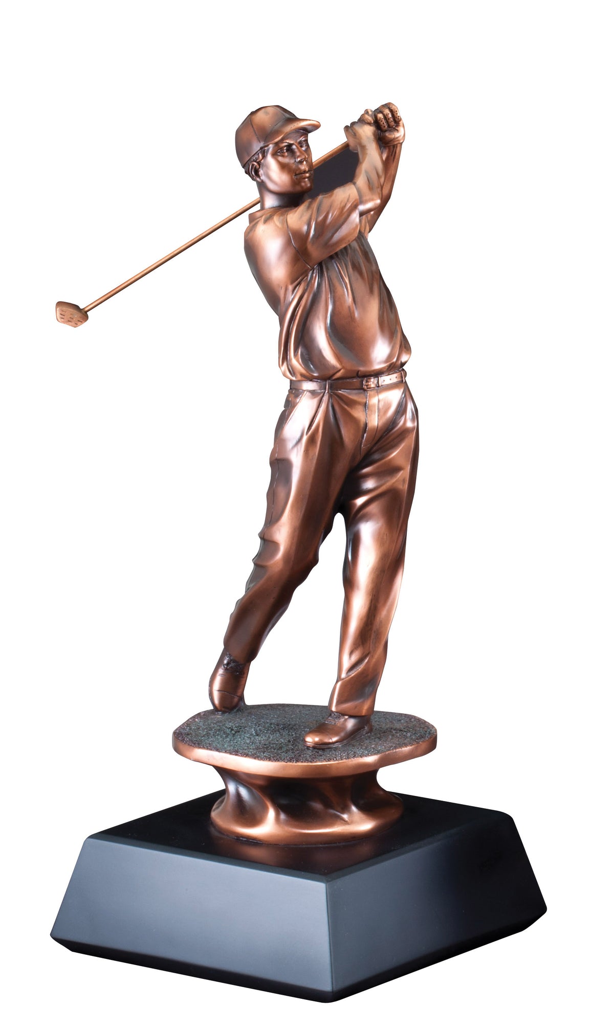 Electroplated golfer sculpture at the top of the swing, shown in all four sizes