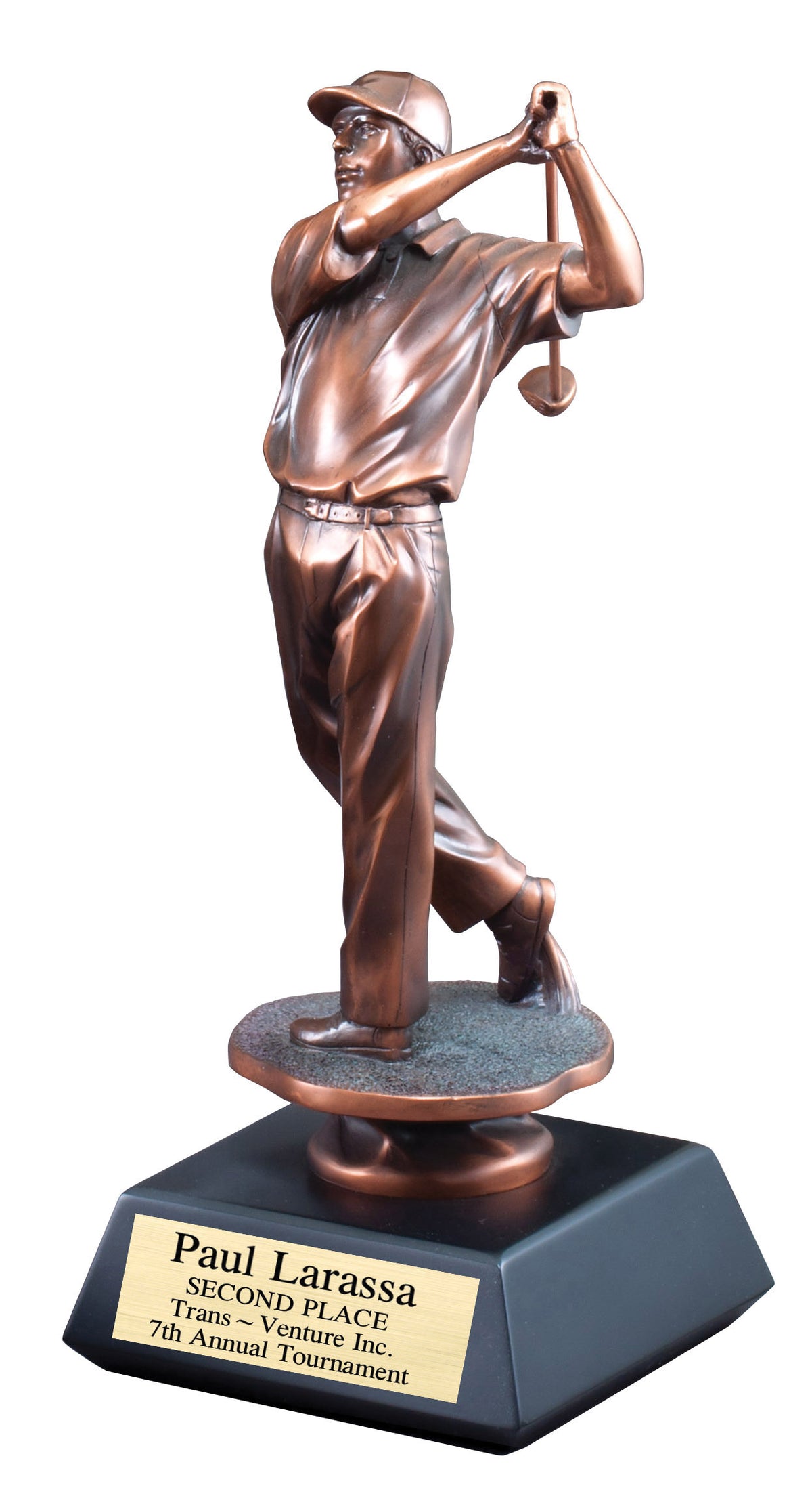 Electroplated golfer sculpture at the top of the swing, 14" size