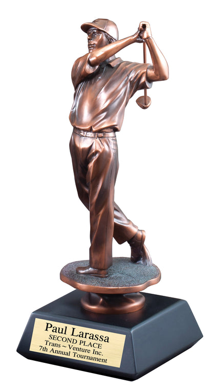 Electroplated golfer sculpture at the top of the swing, 14" size