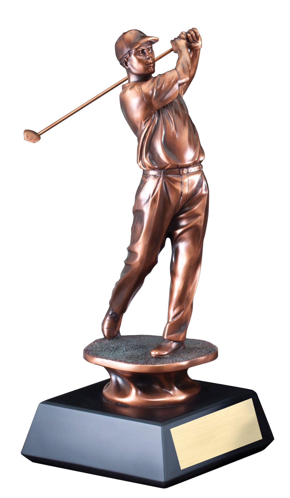 Electroplated golfer sculpture at the top of the swing, 17" size