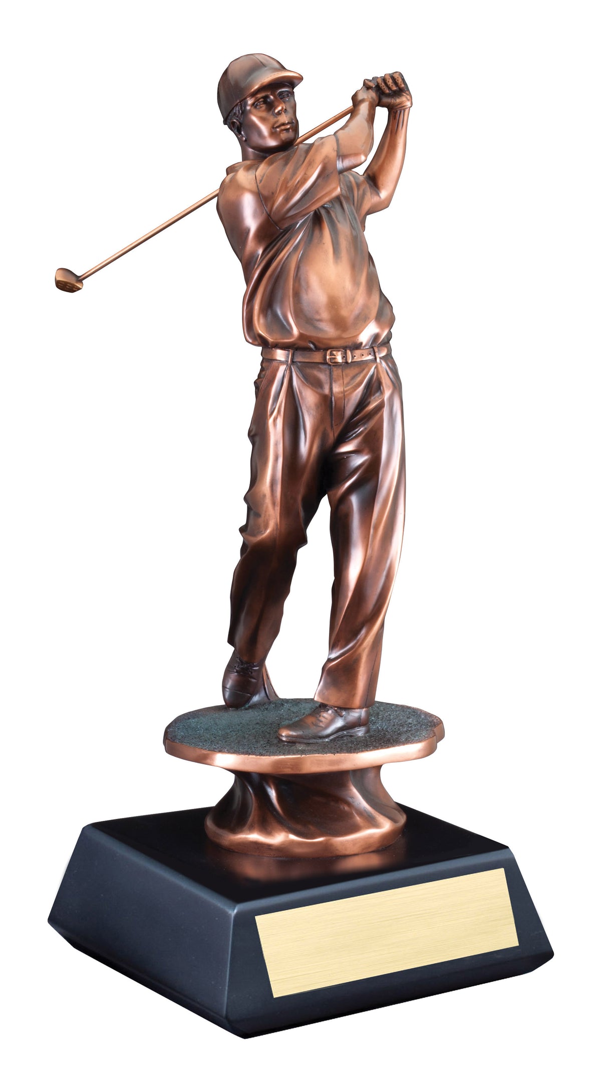 Electroplated golfer sculpture at the top of the swing, 21" size