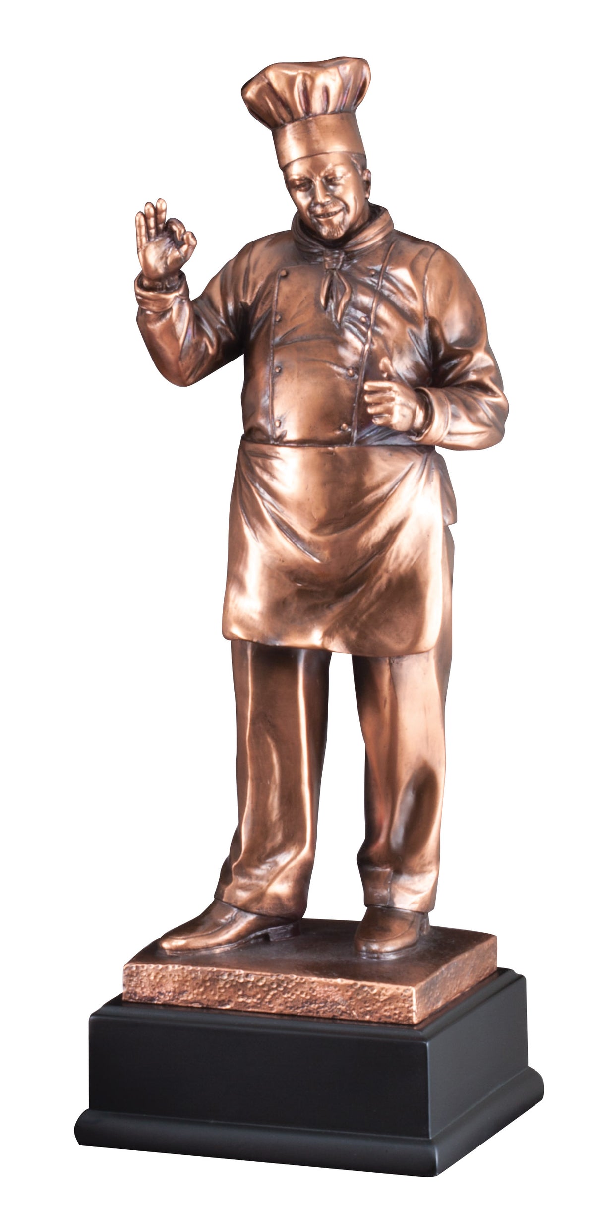 Master Chef bronze resin sculpture award, 16 inch chef giving the perfect sign on a black base with engraving plate