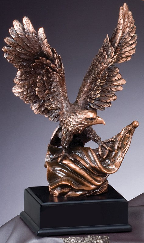 Electroplated bronze eagle with raised wings rising from a flame on a black engraving base, 14" size