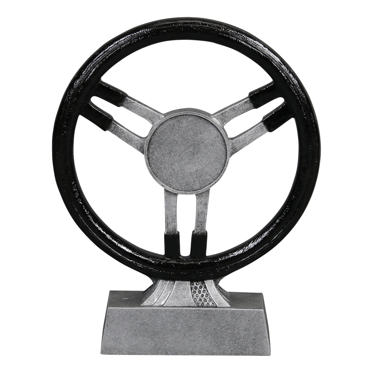 Steering wheel racing trophy with a black three-spoke wheel on a silver base