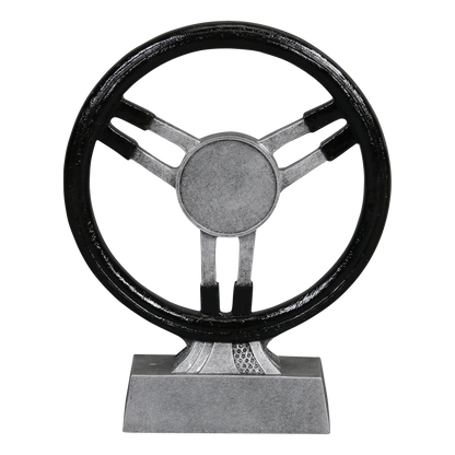 Steering wheel racing trophy with a black three-spoke wheel on a silver base