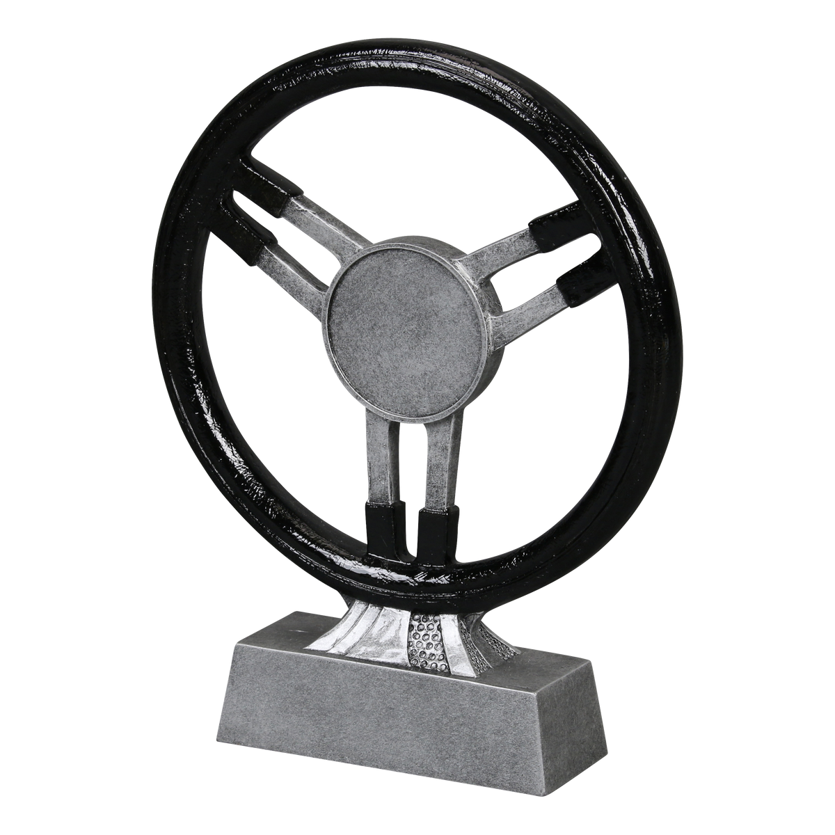 Steering wheel racing trophy shown from an angle
