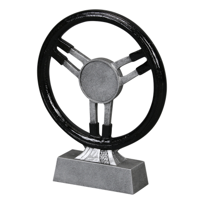 Steering wheel racing trophy shown from an angle
