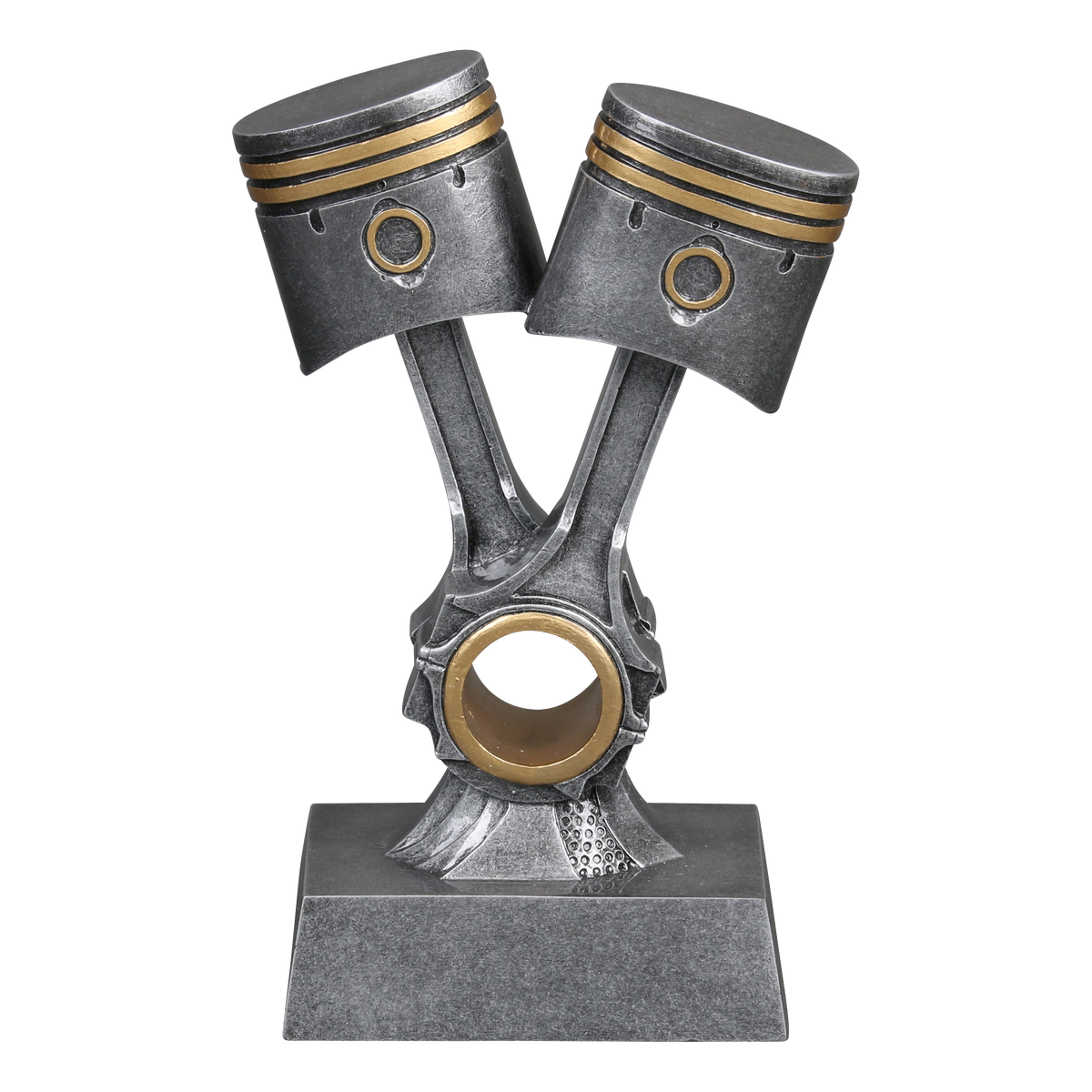 Double piston trophy with two silver pistons with gold rings joined in a V