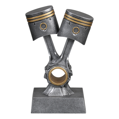 Double piston trophy with two silver pistons with gold rings joined in a V