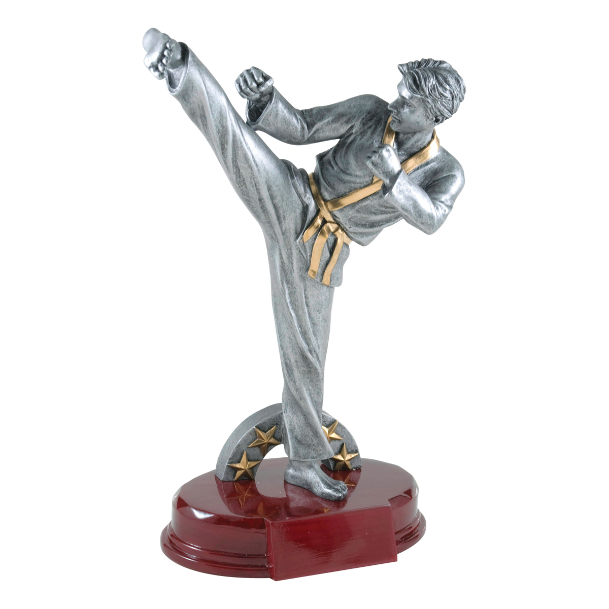 Silver male karate trophy with an athlete in a high side kick on a rosewood-finish base, 11 3/4 inch