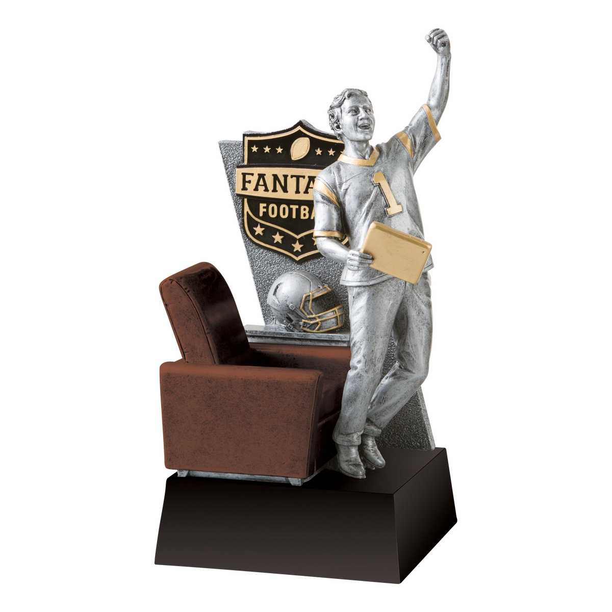 Large cast resin fantasy football trophy sculpted as an armchair quarterback scene, 13 inch size