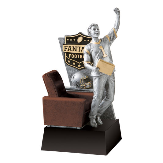 Large cast resin fantasy football trophy sculpted as an armchair quarterback scene, 13 inch size