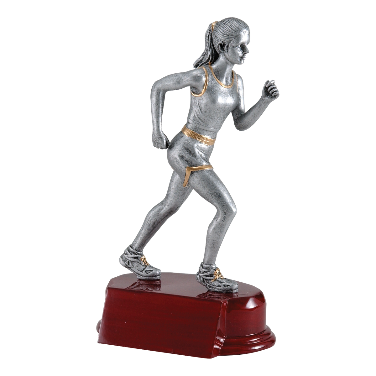 6 1/4 inch silver female runner trophy in full stride on a rosewood-finish base