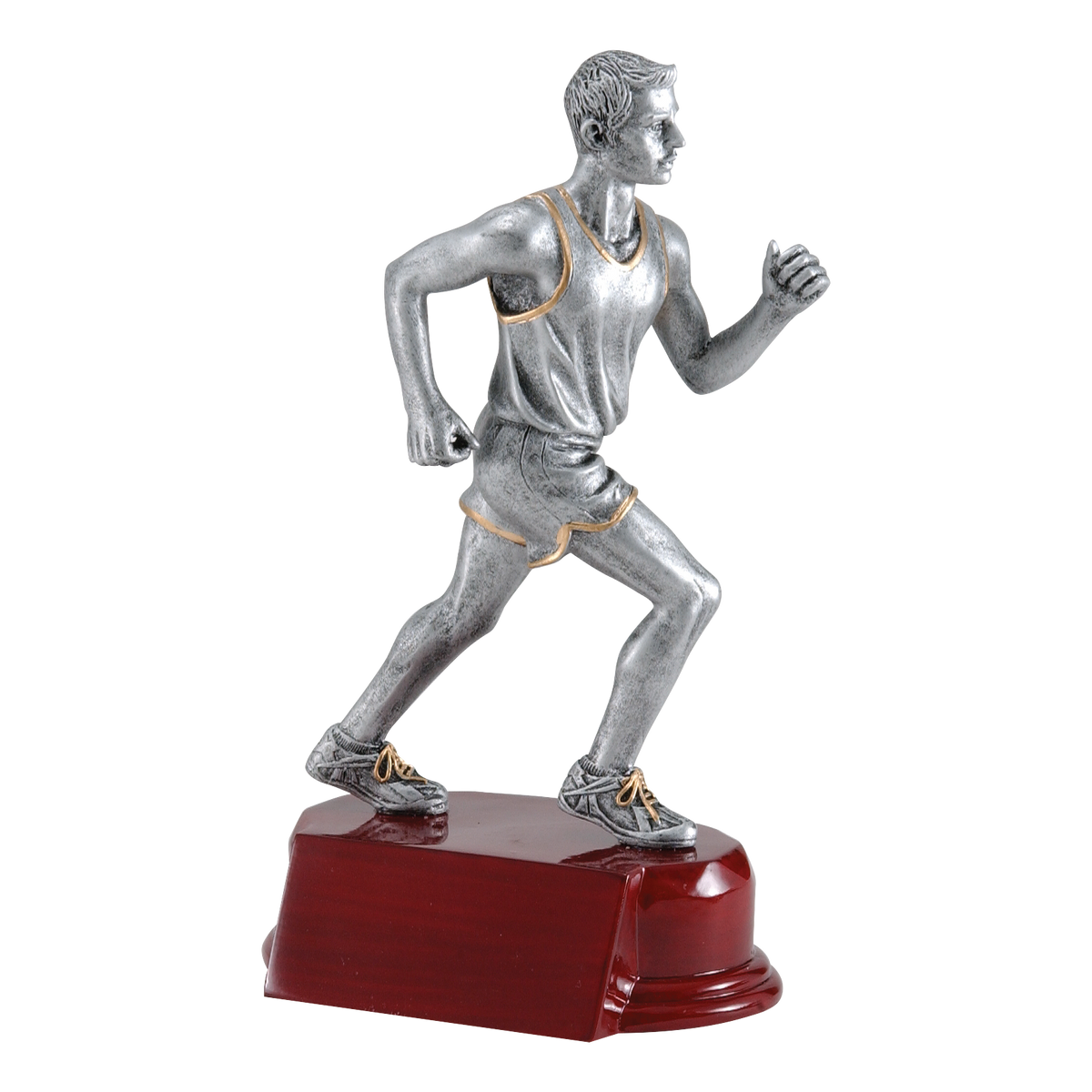 6 1/4 inch silver male runner trophy in full stride on a rosewood-finish base