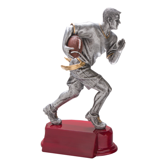 6 1/4 inch silver flag football trophy with a ball carrier and gold flag belt on a rosewood-finish base