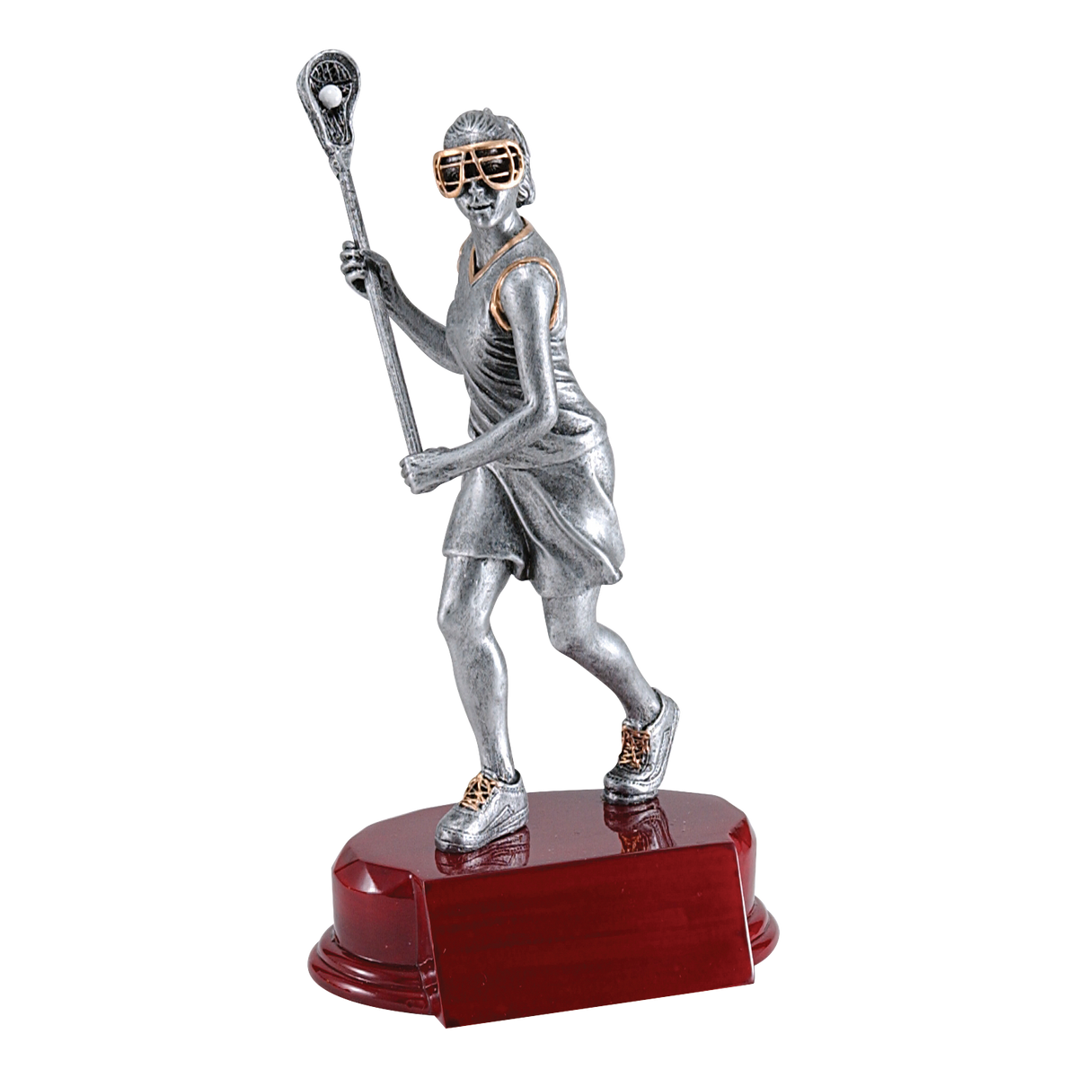 Silver female lacrosse player trophy on a rosewood-finish base, 7 1/4 inch
