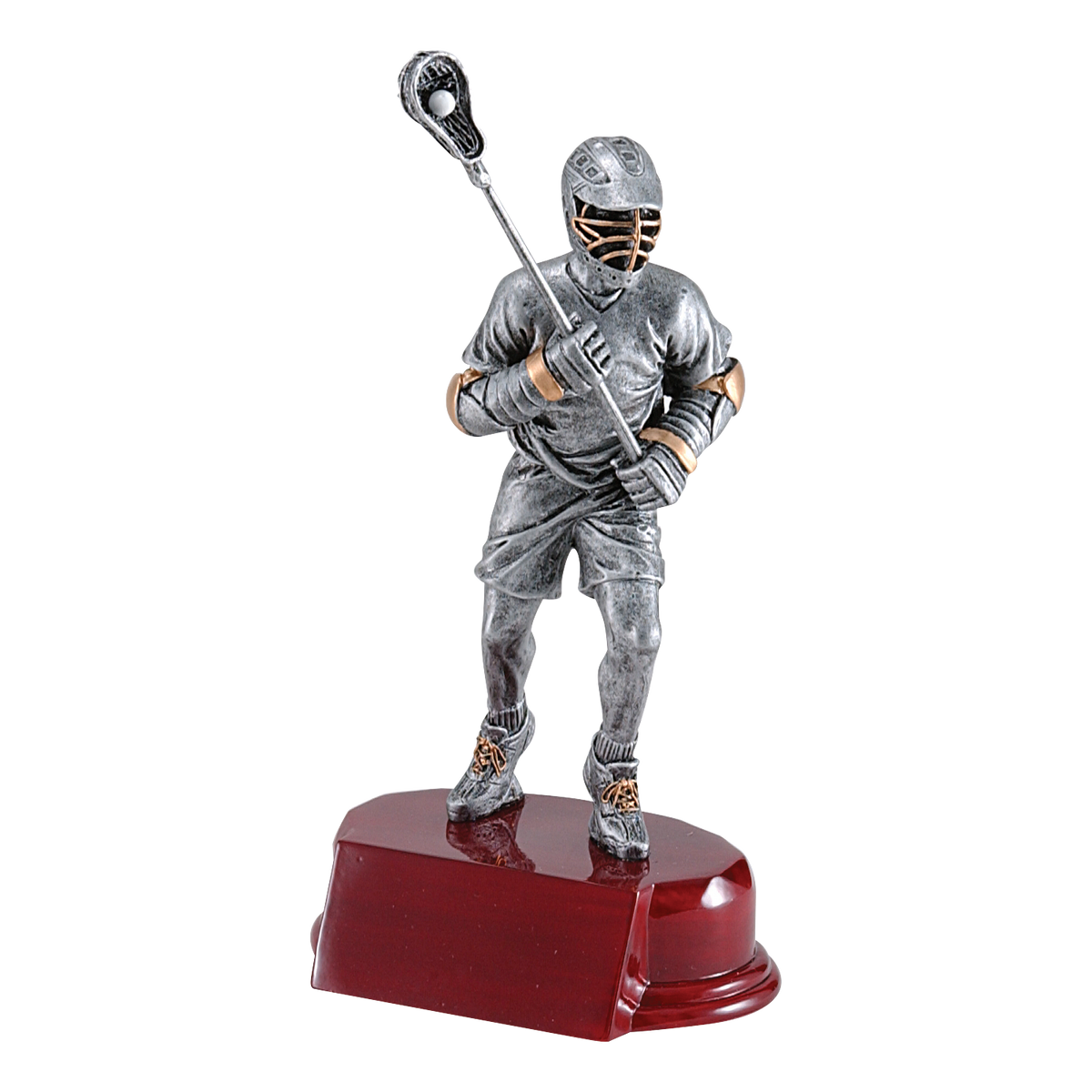 Silver male lacrosse player trophy on a rosewood-finish base, 7 1/4 inch