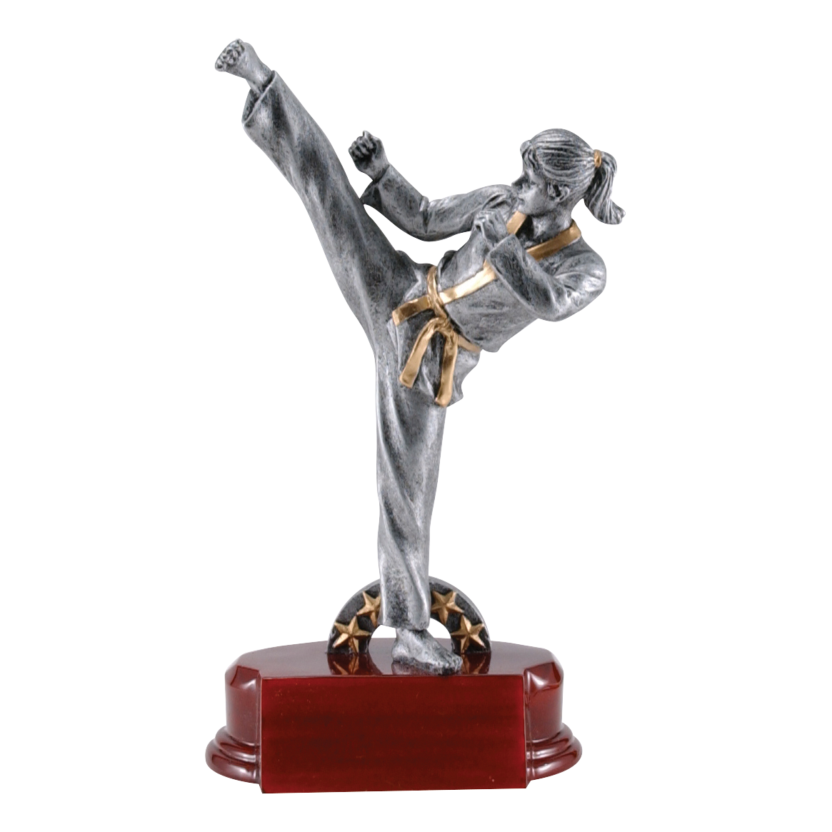 Silver female karate trophy on a rosewood-finish base, 7 inch