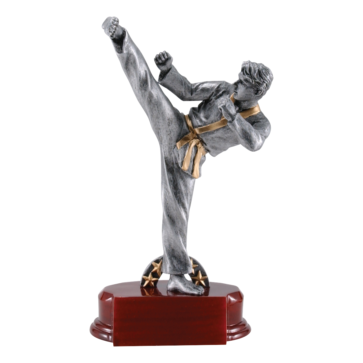 Silver male karate trophy on a rosewood-finish base, 7 1/4 inch