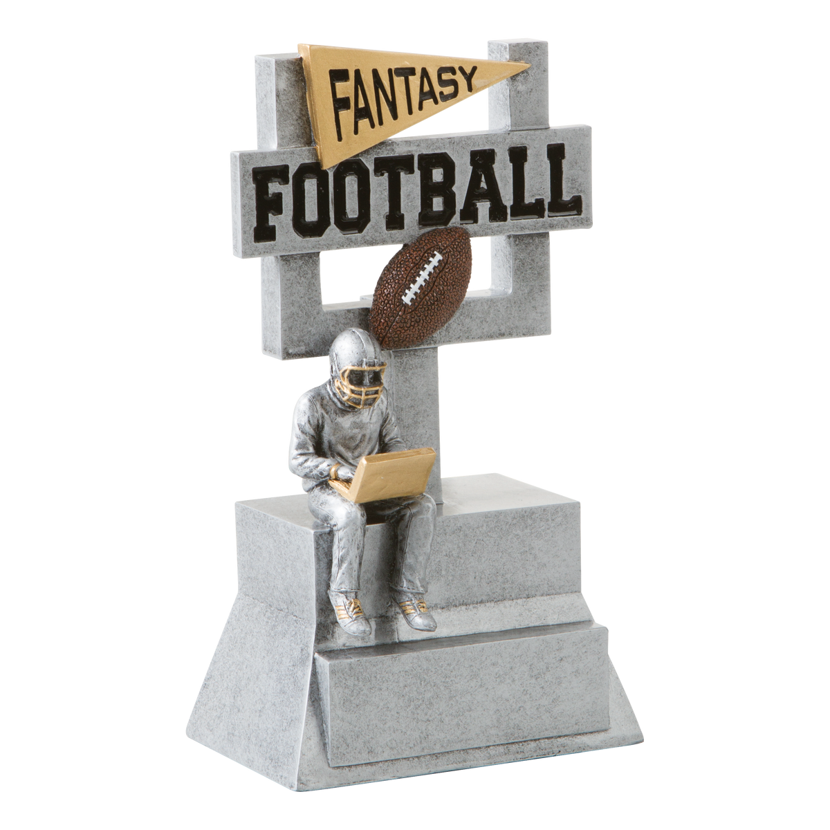 Cast resin fantasy football award shaped as a goal post with the ball splitting the uprights, 7 inch size