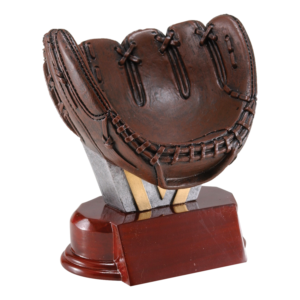 Deep brown sculpted resin baseball glove on a rosewood-finish base with a blank gold engraving plate, shown without a ball