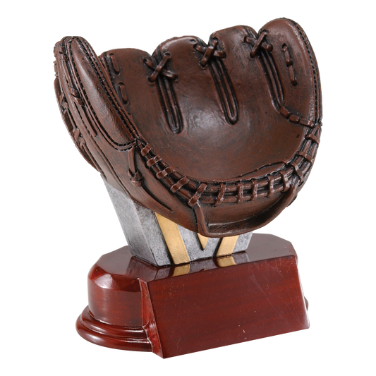 Deep brown sculpted resin baseball glove on a rosewood-finish base with a blank gold engraving plate, shown without a ball