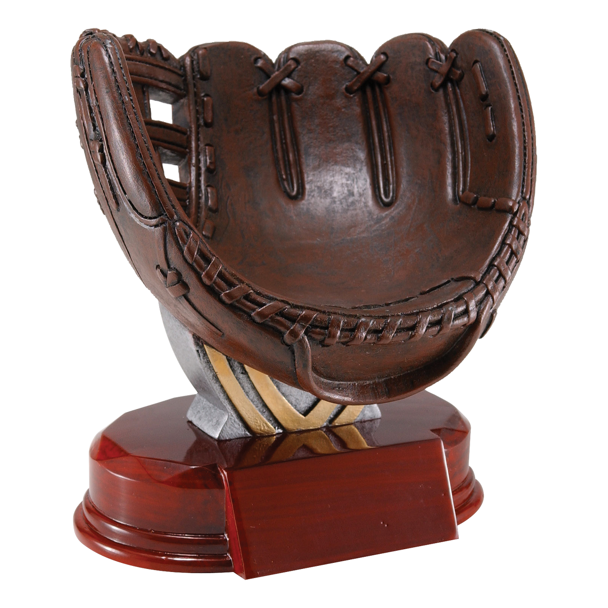 Deep brown sculpted resin softball glove on a rosewood-finish base with a blank gold engraving plate, shown without a ball