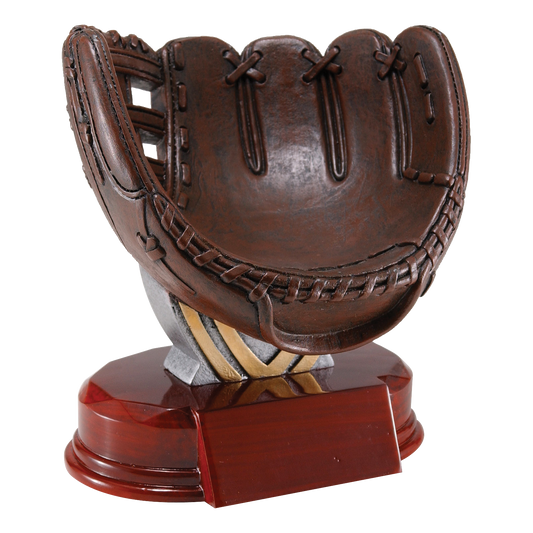 Deep brown sculpted resin softball glove on a rosewood-finish base with a blank gold engraving plate, shown without a ball