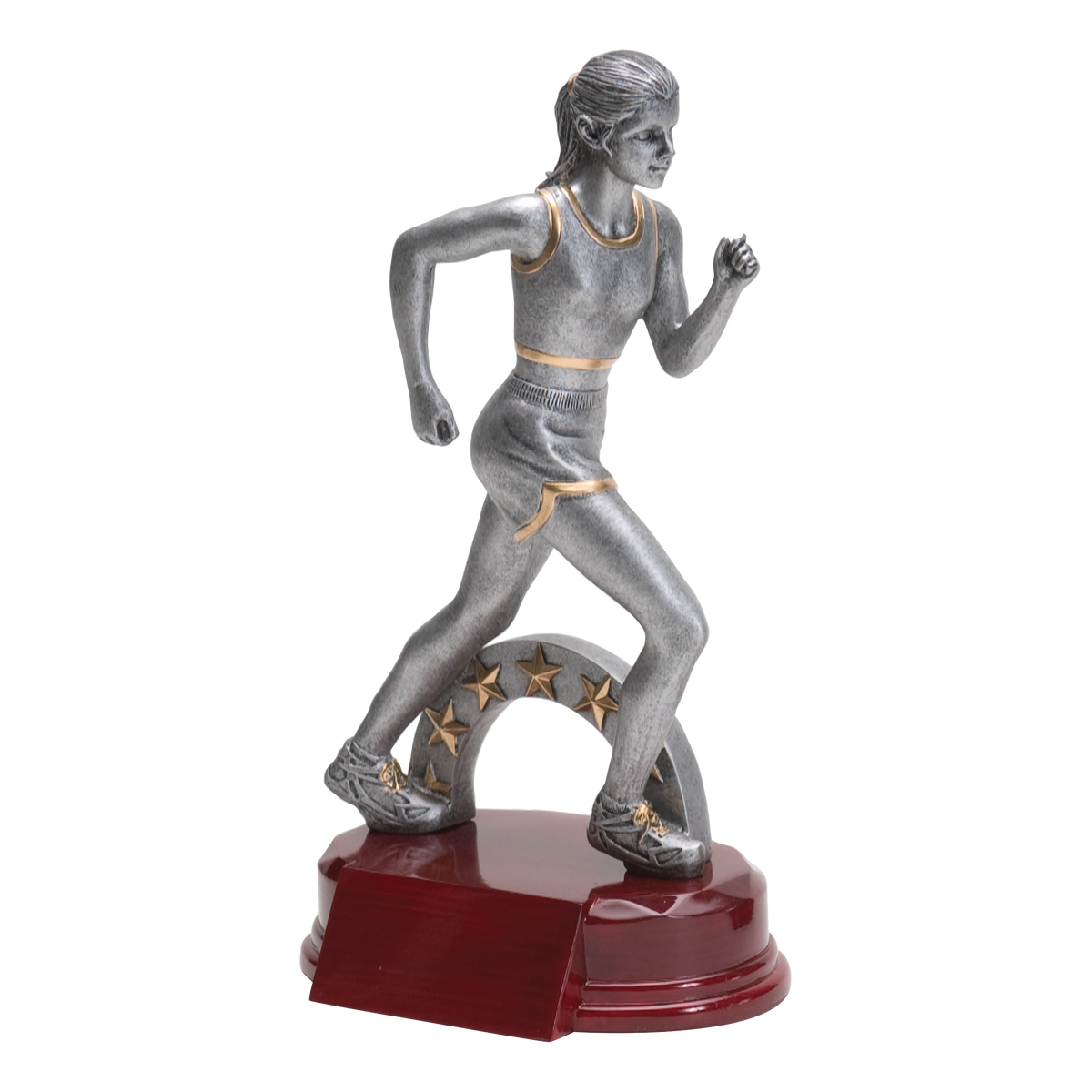 8 1/2 inch silver female runner trophy under a gold star arch on a rosewood-finish base