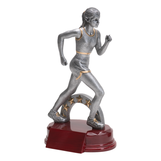 8 1/2 inch silver female runner trophy under a gold star arch on a rosewood-finish base
