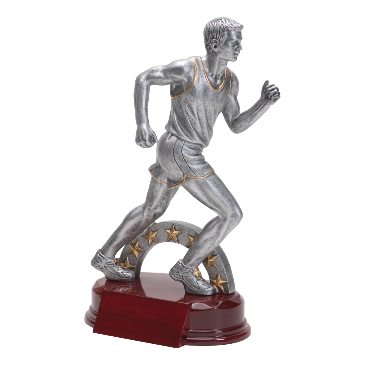 8 3/4 inch silver male runner trophy under a gold star arch on a rosewood-finish base