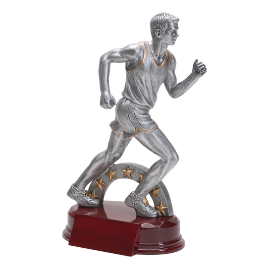 8 3/4 inch silver male runner trophy under a gold star arch on a rosewood-finish base