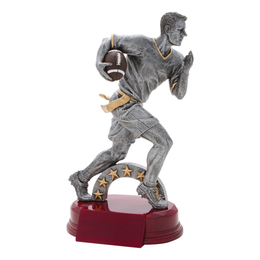 8 1/4 inch silver flag football trophy with a ball carrier under a gold star arch on a rosewood-finish base