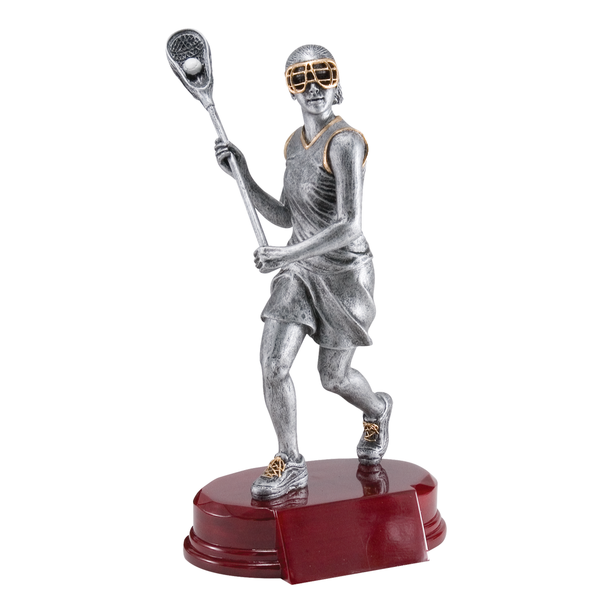 Silver female lacrosse player trophy with stick raised on a rosewood-finish base, 9 inch
