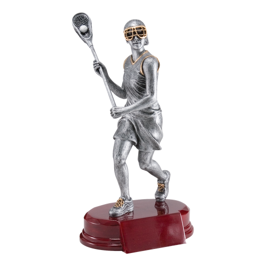 Silver female lacrosse player trophy with stick raised on a rosewood-finish base, 9 inch