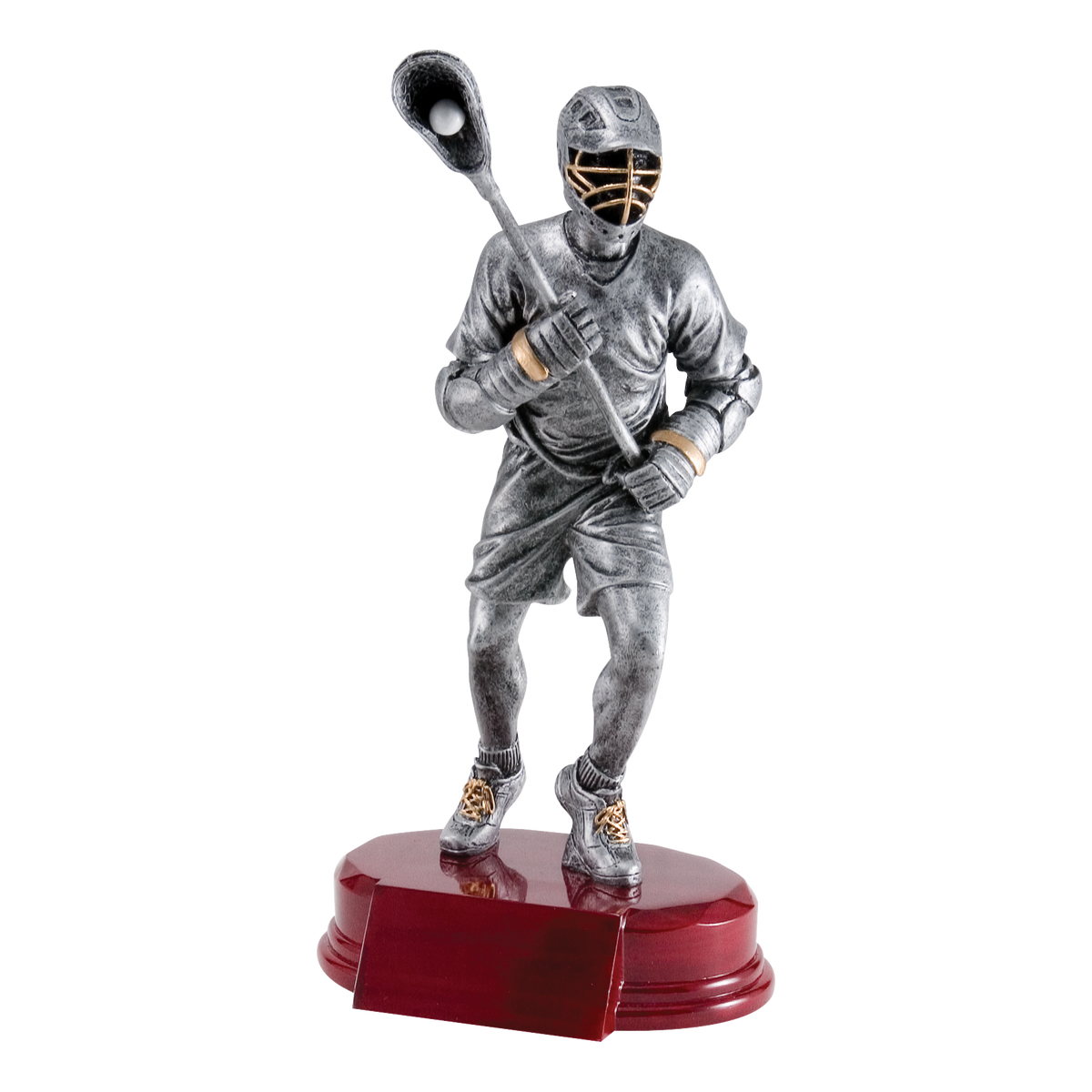 Silver male lacrosse player trophy with stick raised on a rosewood-finish base, 9 inch